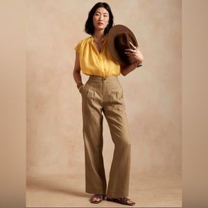 Banana Republic High Rise Pleated Linen Pants Womens 8 Brown Iced Latte Wide Leg
